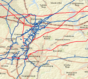 A map of interstate pipelines that run through Westmoreland County. 