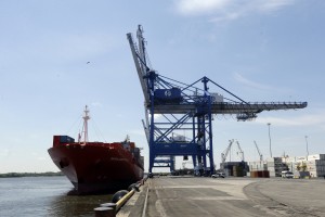 The Bahia Castillo, a Hamburg SUD-operated refrigerated cargo ship carrying fresh Chilean fruit and other goods docks at Packer Avenue Marine Terminal, Tuesday, May 14, 2013, in Philadelphia. 