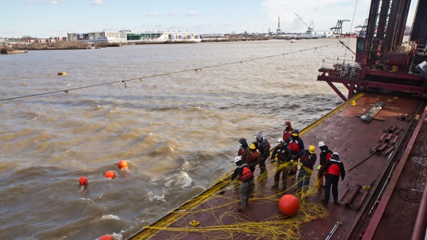 The Drillboat Apache sits in the Delaware River near Marcus Hook, Pennsylvania. From December 2015 to March 2016, the crew on this boat was blasting rock outcroppings on the river bottom. It’s one of the last stages of a controversial project to deepen the river’s shipping channel by five feet.  