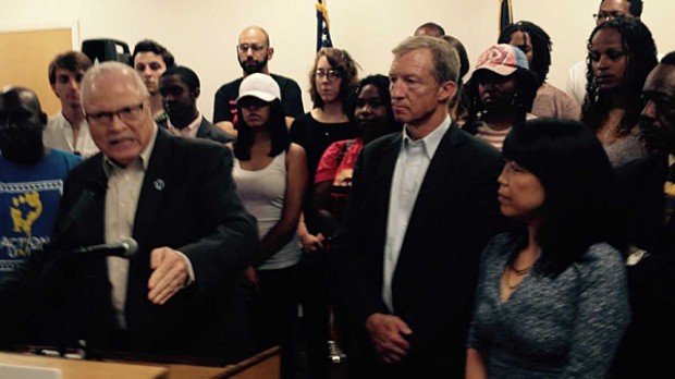 AFSCME national President Lee Saunders (left), environmentalist Tom Steyer and City Councilwoman Helen Gym launch a new superPAC in Pennsylvania. 