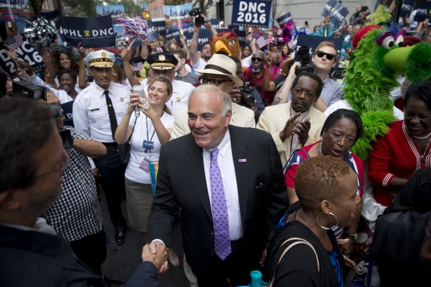 Former Pennsylvania Gov. Ed Rendell, center, greet Democratic National Committee (DNC) representatives Wednesday, Aug. 13, 2014, in Philadelphia. 