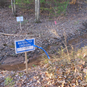 A sign marks a water crossing where the Sunoco Mariner East 2 pipeline would cross in Huntingdon County.