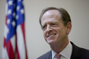 Sen. Pat Toomey, R-Pa., speaks with members of the media during a news conference, Monday, May 9, 2016, in Philadelphia.  (AP Photo/Matt Rourke)