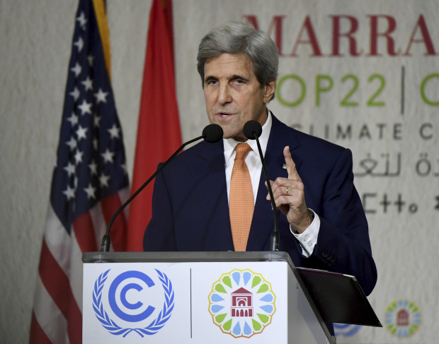 US Secretary of State John Kerry gives his speech at the COP22 climate change conference on November 16, 2016, in Marrakesh.