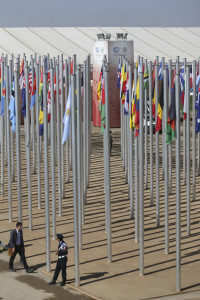 A member of security stands guard outside the COP22 climate change conference, on the last day of the convention that was held in Marrakech, Morocco, Friday, Nov. 18, 2016