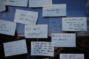 Protestors left Post-It notes.