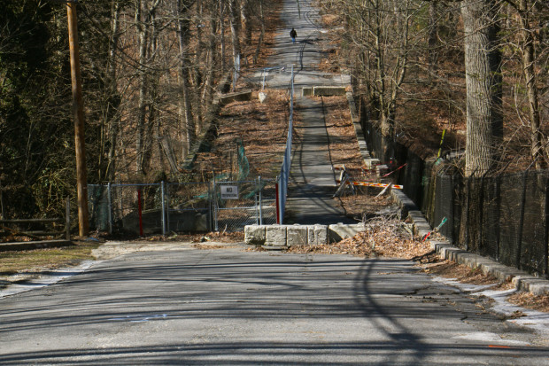 Third Street in Media, Delaware County, which passes over the Broomall Lake Dam, is closed to traffic. 