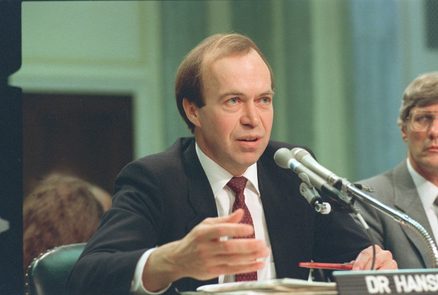 Dr. Jim Hansen, when he was director of NASA's Goddard Institute for Space Studies in New York, testifies before a Senate Transportation subcommittee on Capitol Hill in Washington, D.C., May 9, 1989.