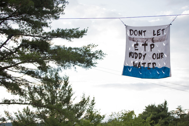 A protest sign at Camp White Pine near construction of the Mariner East 2 pipeline in Huntingdon County, Pennsylvania. (