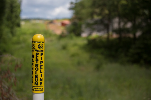 A stake in the ground marks a pipeline at Raystown Lake Recreation Area in Huntingdon County, Pennsylvania.