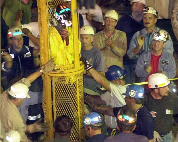 FILE: The ninth and final miner is removed from the Quecreek Mine, seen in this July 28, 2002, file photo, in Somerset, Pa. 