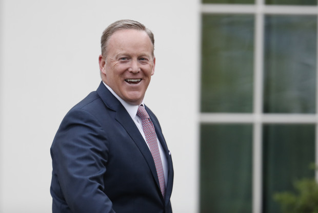 Former White House press secretary Sean Spicer smiled as he departed the White House, Friday, July 21, 2017, in Washington.  He will deliver the closing keynote address at the annual Shale Insight conference in Pittsburgh.