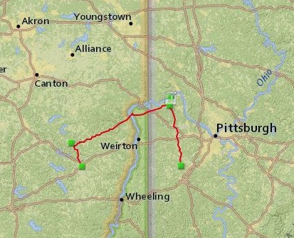 The route of the Falcon Ethane Pipeline through Ohio, West Virginia, and Pennsylvania. Image: Fractracker Alliance. 