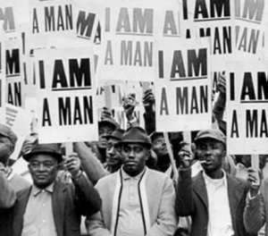 This archival photo shows the 1968 sanitation workers strike in Memphis.